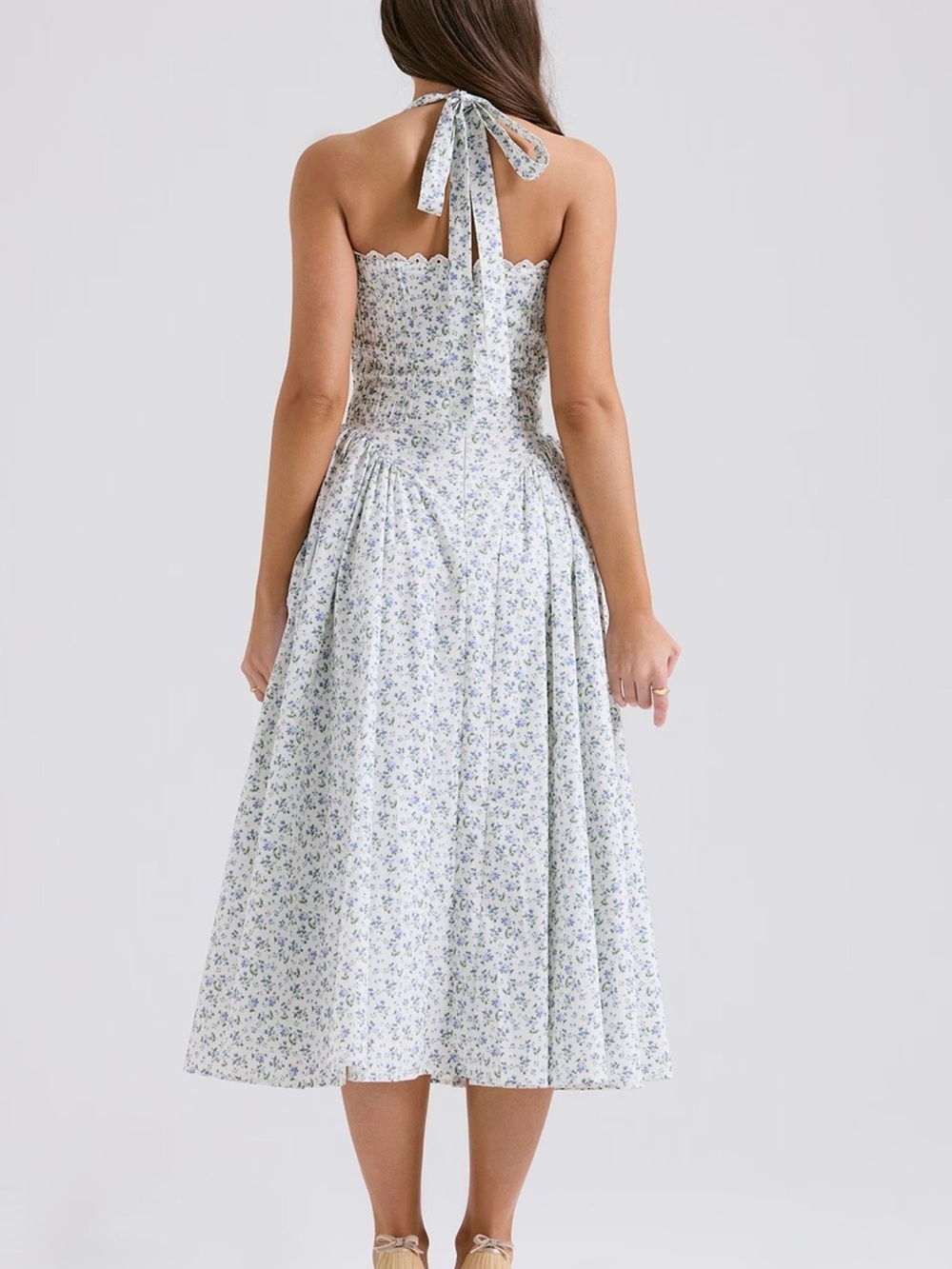 House of CB Adabella white bluebell print cotton halter sundress - Picture 4 of 16